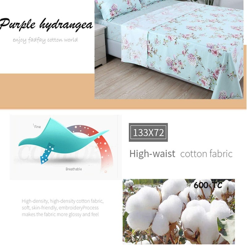 FADFAY California King Floral Bed Sheet Set Premim 100% Cotton Shabby Countryside Bedding Set Rose and Hydrangea Flower Blue Purple Farmhouse Sheets Set Deep Fitted Sheets 4-Piece-Cal King - Image 3